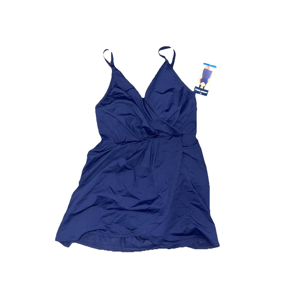 NWT Land's End Women's Adjustable Strap Pull On Swim Dress Large Navy